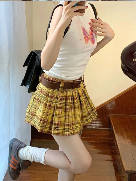 Y2K Yellow Plaid Pleated Mini Skirt