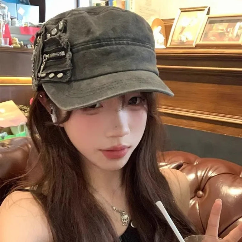 Y2K Zipper Flat Top Baseball Cap