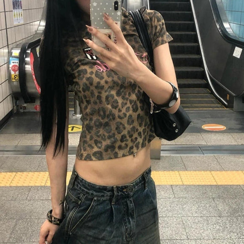 Y2K 2000s Leopard Print Pink Letter Crop Baby Tee
