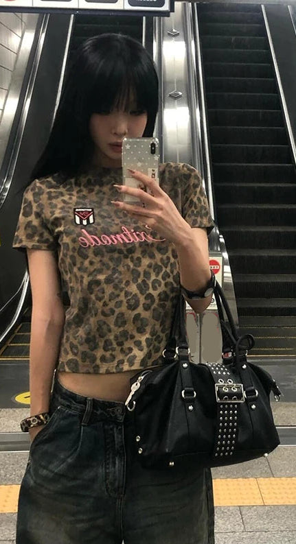 Y2K 2000s Leopard Print Pink Letter Crop Baby Tee