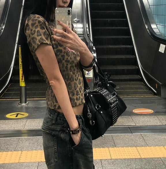 Y2K 2000s Leopard Print Pink Letter Crop Baby Tee
