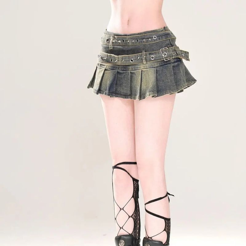 Y2K High Waist Double Belt Pleated Denim Micro Mini Skirt