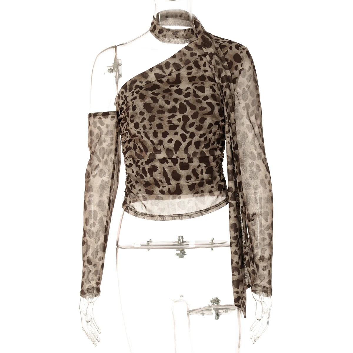 Y2K Inclined Off Shoulder Slim Mesh Leopard Print Long Sleeve Top