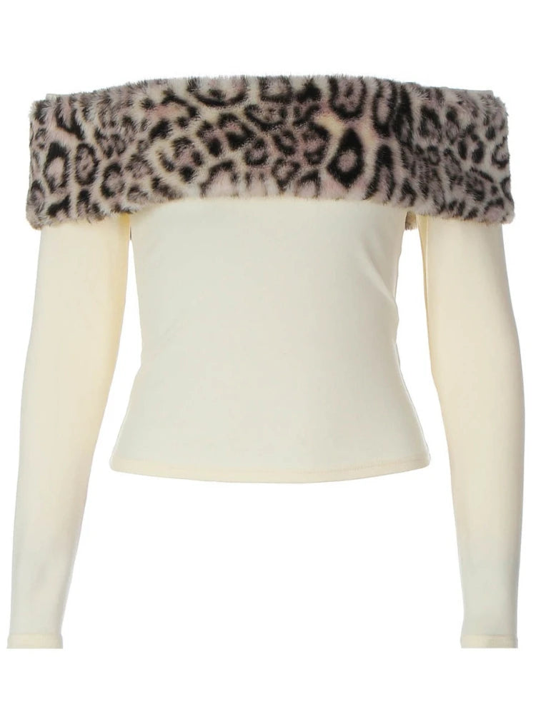 Y2K Retro Leopard Print Faux Fur Off Shoulder Long Sleeve Top