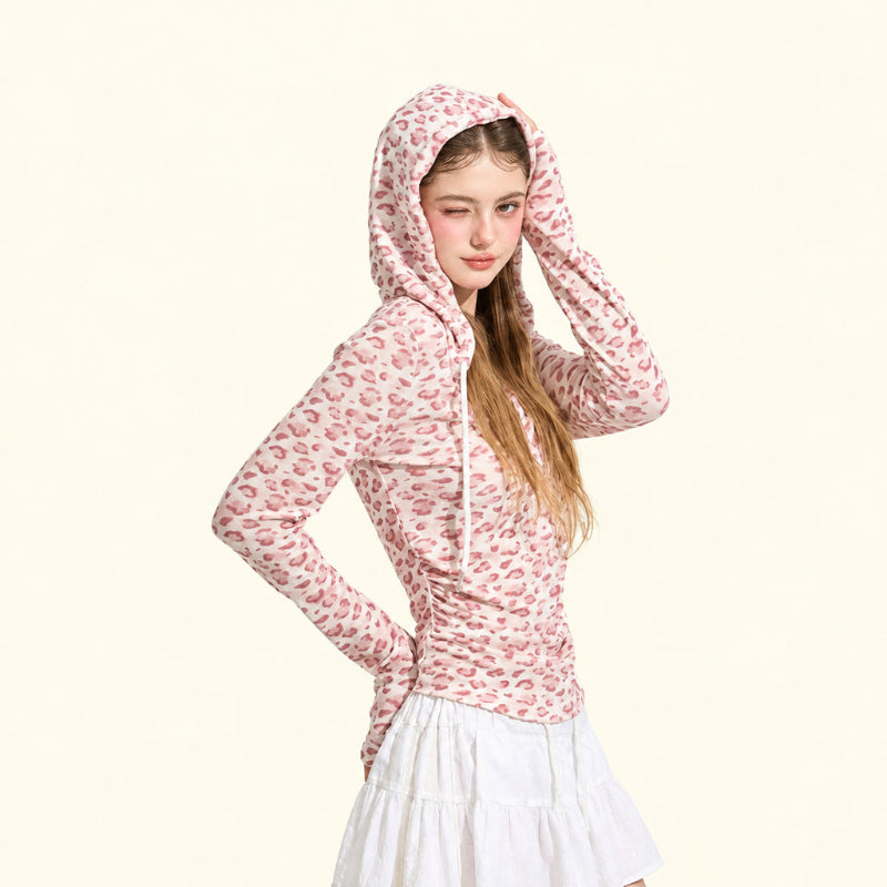 Y2K Sexy Cropped Slim Pink Leopard Print Hooded Long Sleeve Top