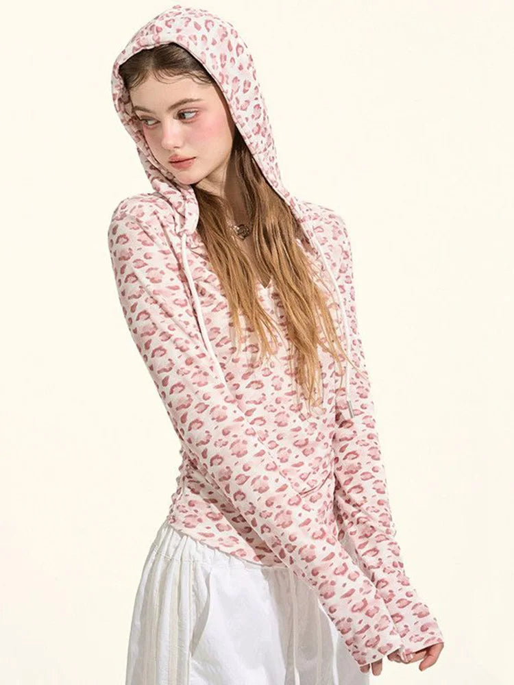 Y2K Sexy Cropped Slim Pink Leopard Print Hooded Long Sleeve Top