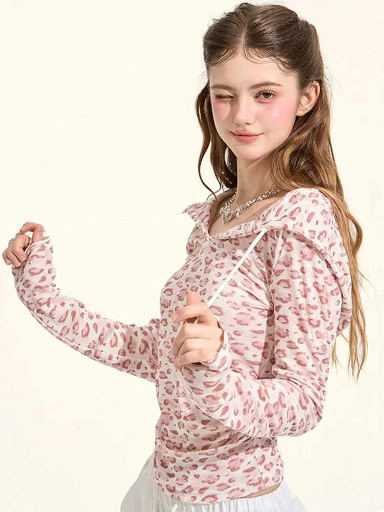Y2K Sexy Cropped Slim Pink Leopard Print Hooded Long Sleeve Top