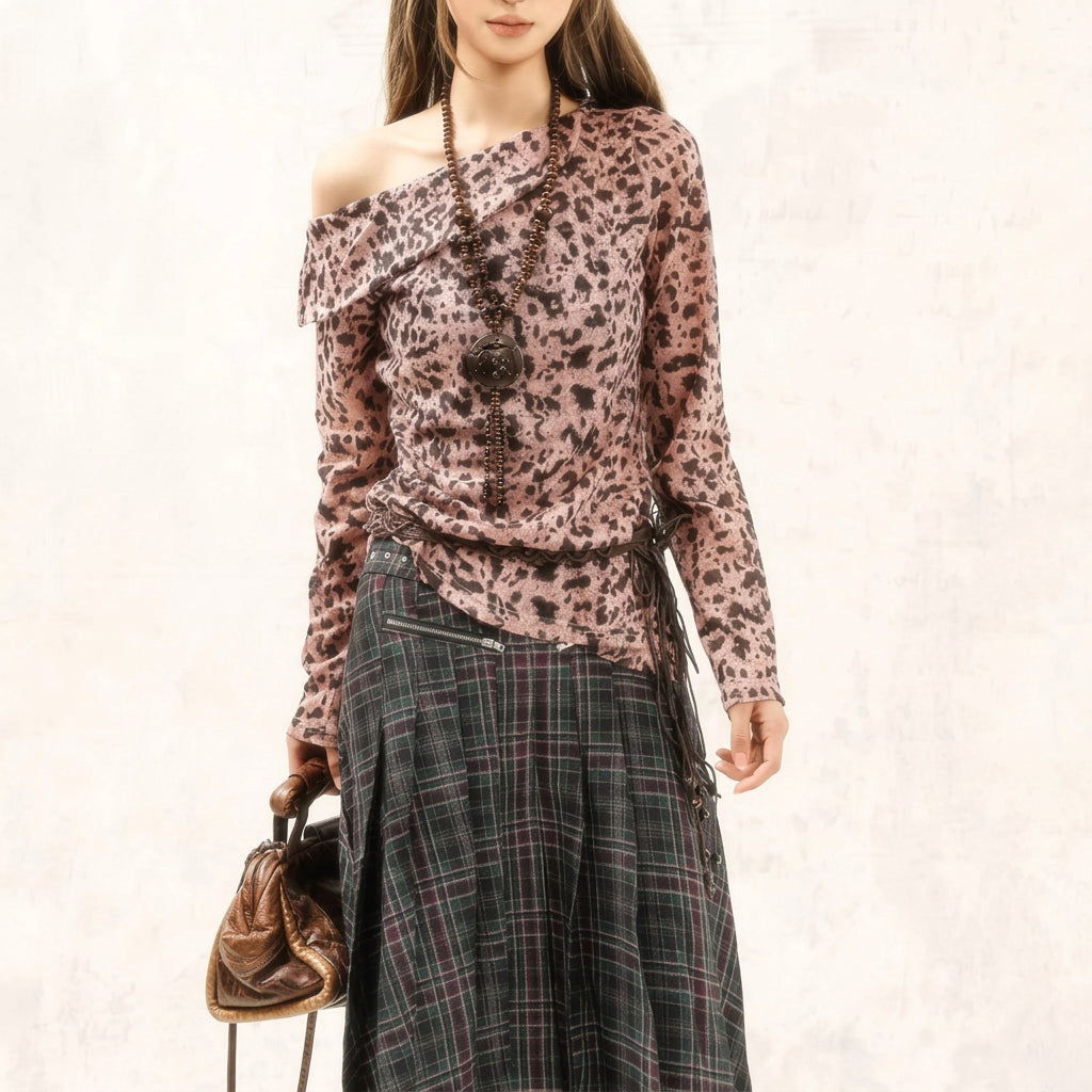 Y2K Sheer Off Shoulder Leopard Print Grunge Long Sleeve Top