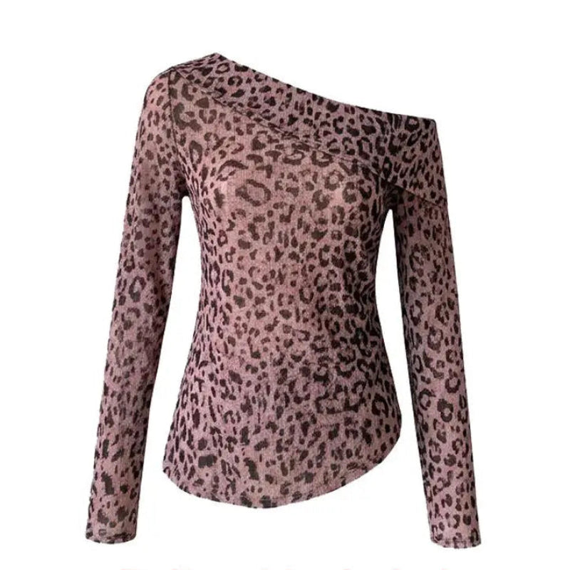 Y2K Sheer Off Shoulder Leopard Print Grunge Long Sleeve Top