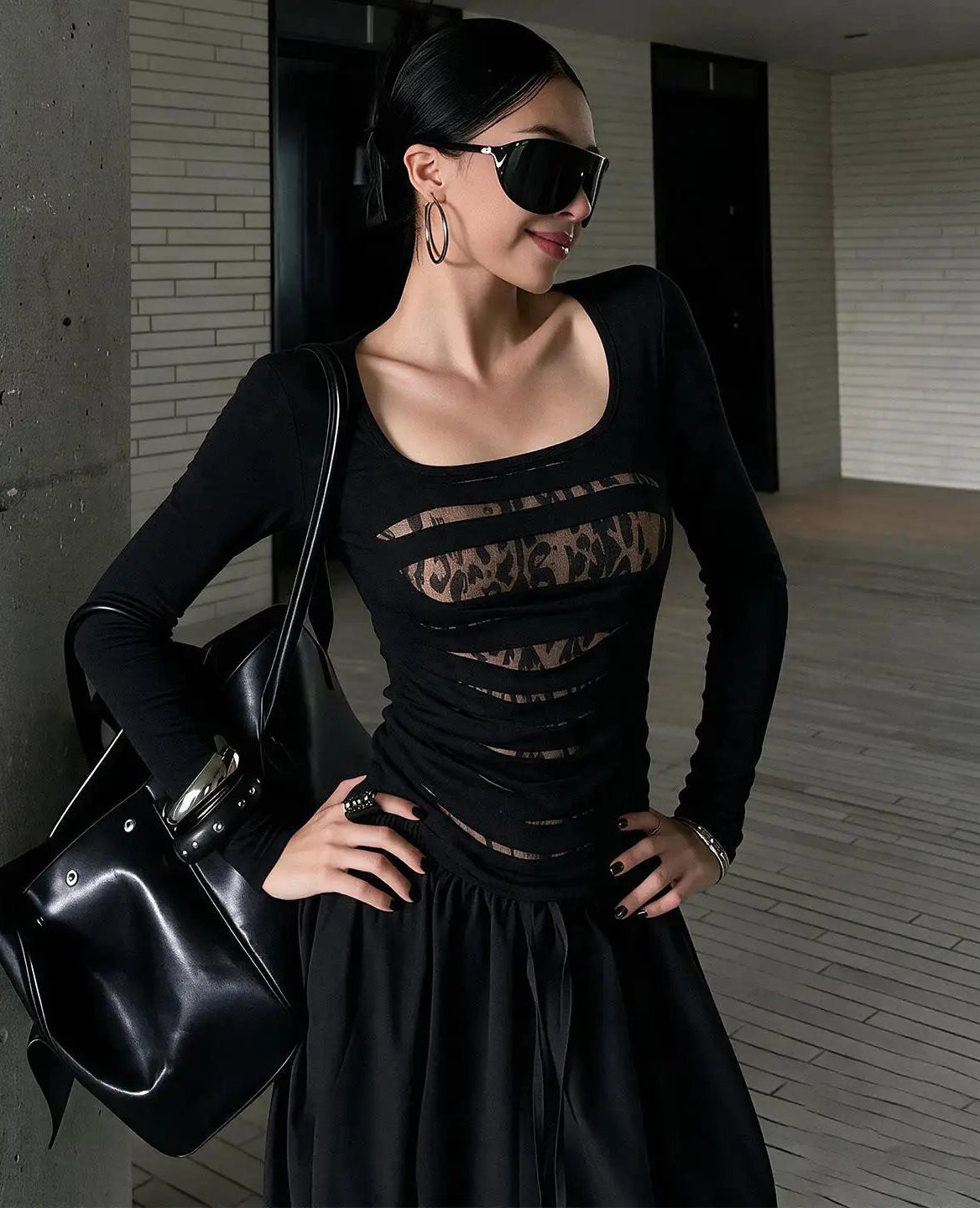 Y2K U Neck Bodycon Hollow Out Leopard Print Long Sleeve Top