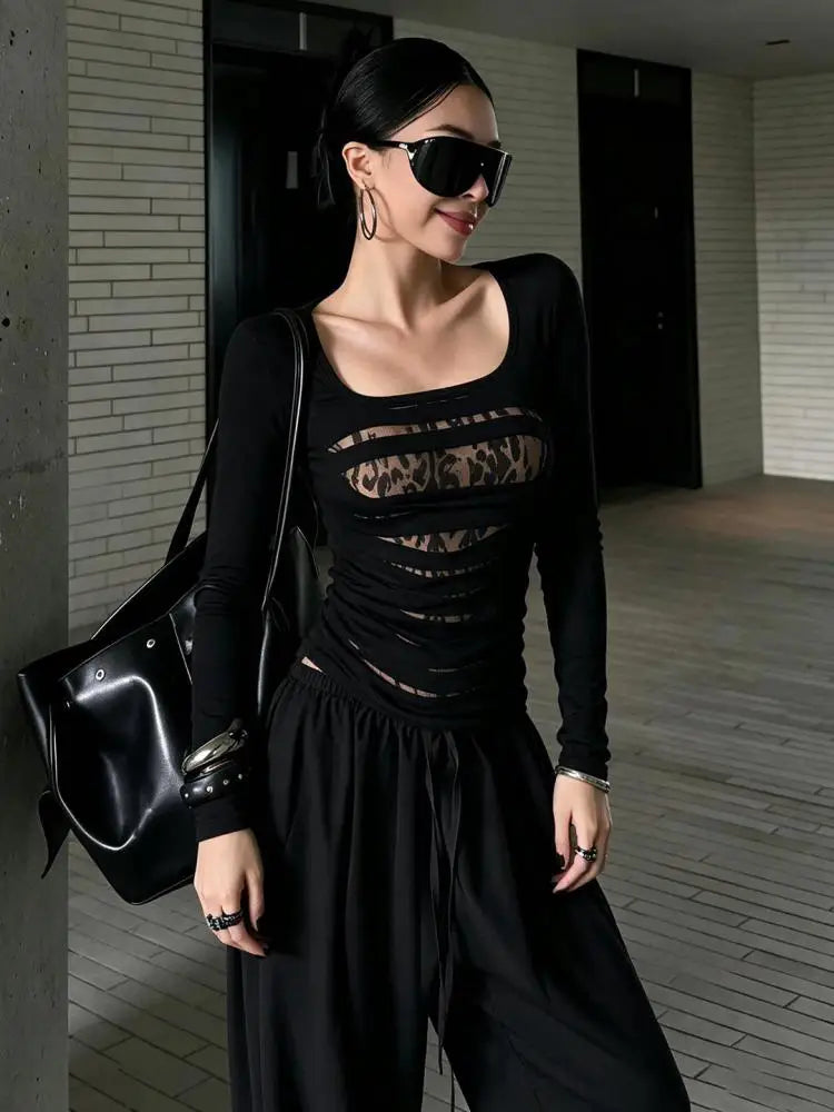 Y2K U Neck Bodycon Hollow Out Leopard Print Long Sleeve Top