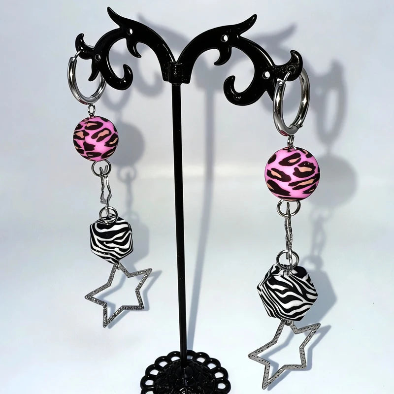 Y2K Zebra Leopard Print Dangly Zinc Earrings