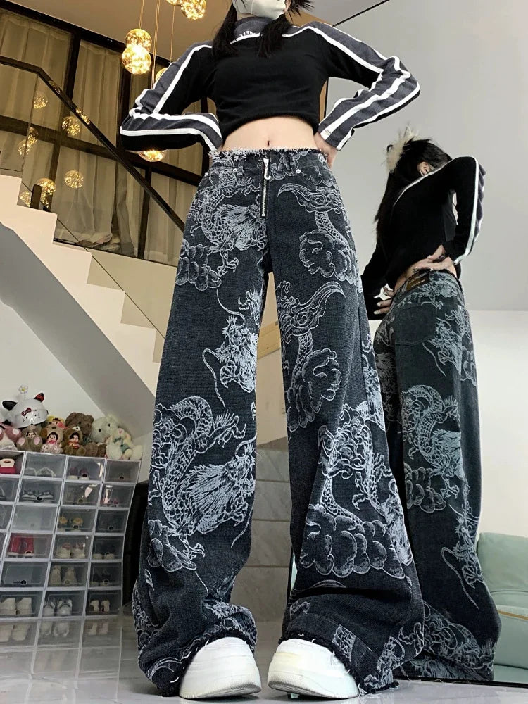 Y2k Baggy Dragon Print High Waist Jeans