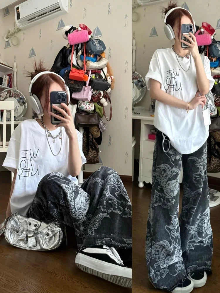 Y2k Baggy Dragon Print High Waist Jeans