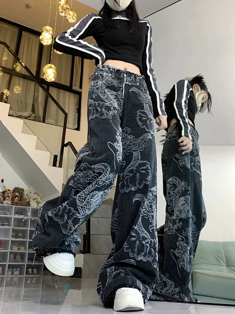 Y2k Baggy Dragon Print High Waist Jeans