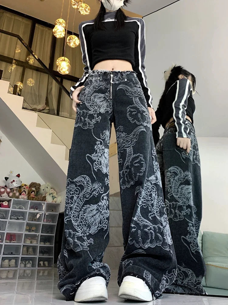 Y2k Baggy Dragon Print High Waist Jeans