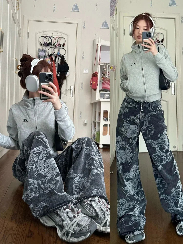 Y2k Baggy Dragon Print High Waist Jeans