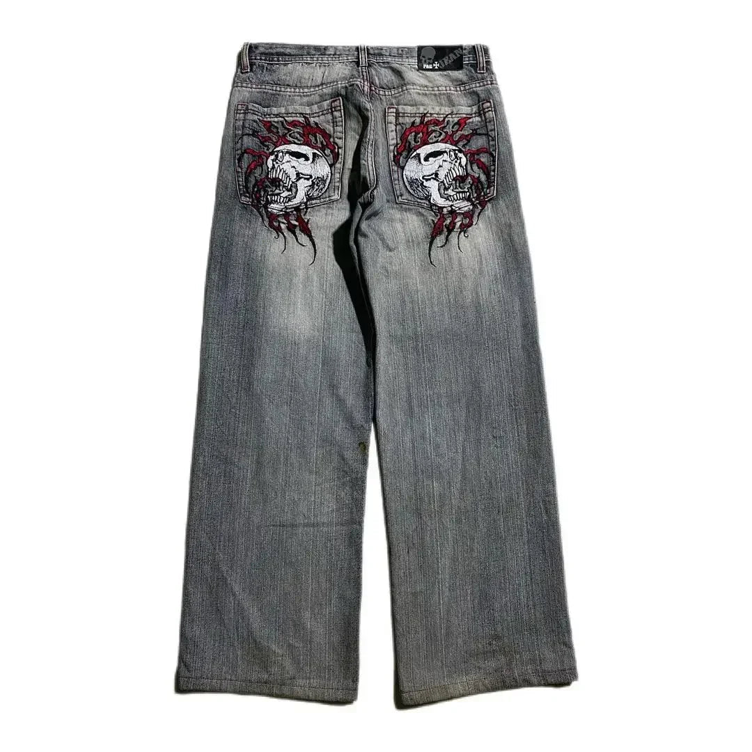 Y2k Grunge Skull Embroidery Mid Rise Jeans