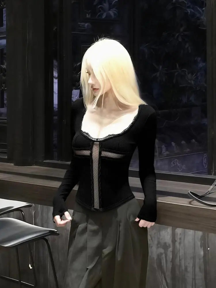 Y2k Patchwork Cross Sheer Cropped Long Sleeve Top