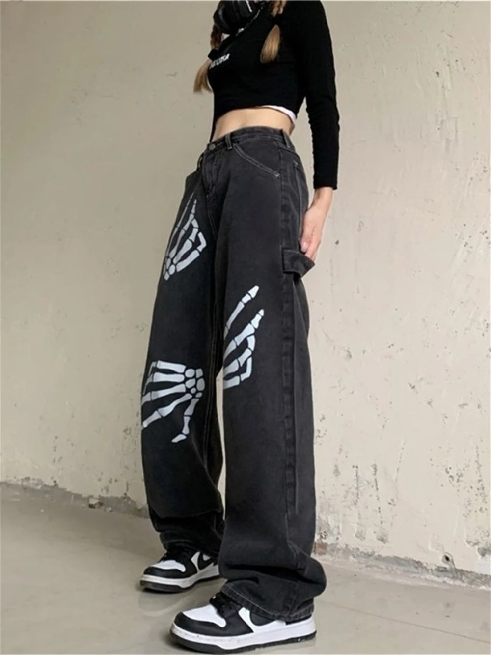 Y2k Skeleton Hands Graphic Baggy Jeans