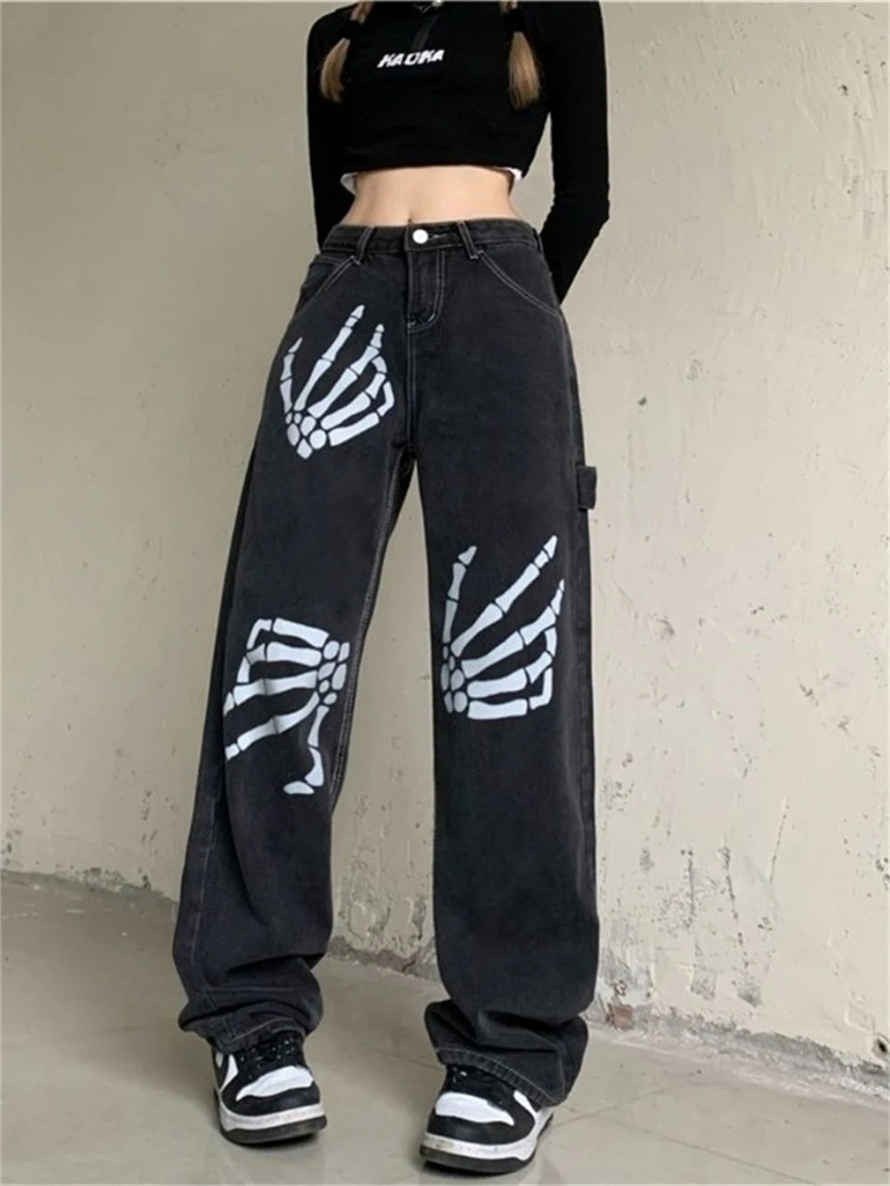 Y2k Skeleton Hands Graphic Baggy Jeans