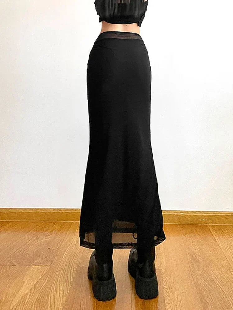 Y2k Slim Black Mesh Long Maxi Skirt