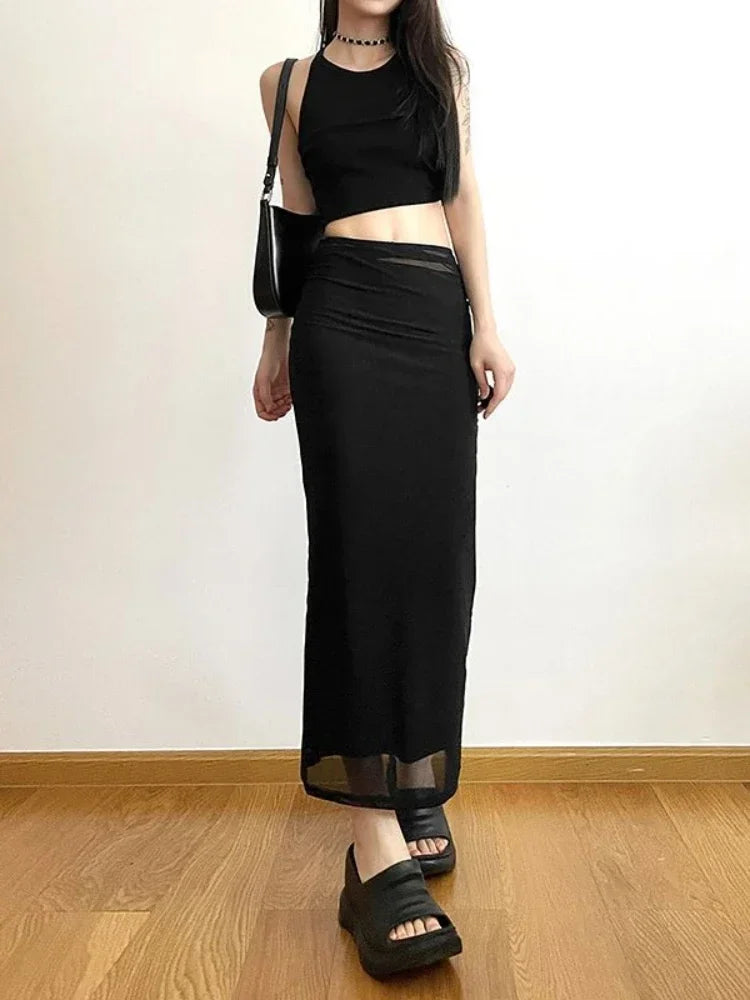 Y2k Slim Black Mesh Long Maxi Skirt