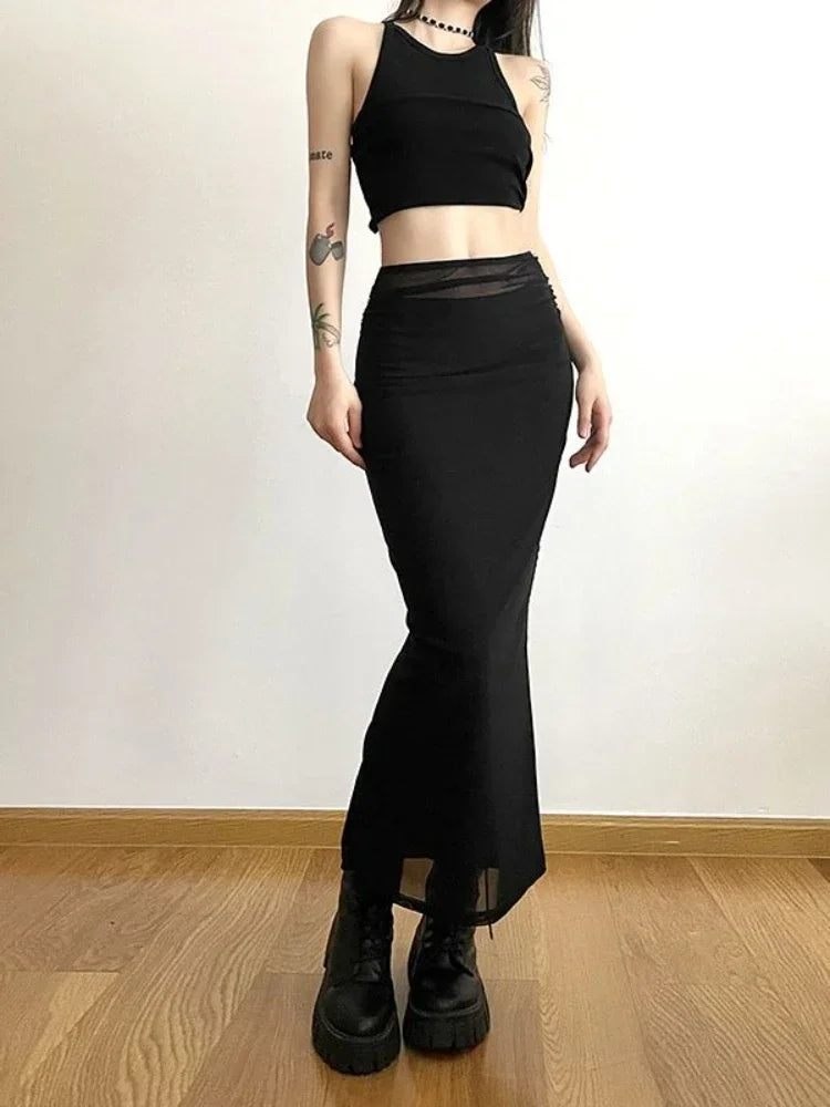 Y2k Slim Black Mesh Long Maxi Skirt