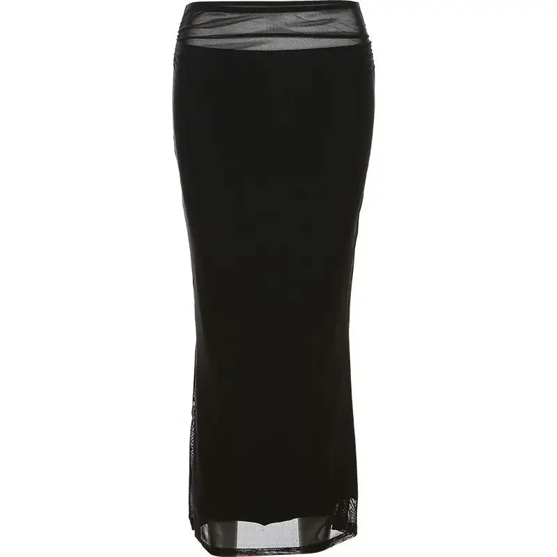 Y2k Slim Black Mesh Long Maxi Skirt