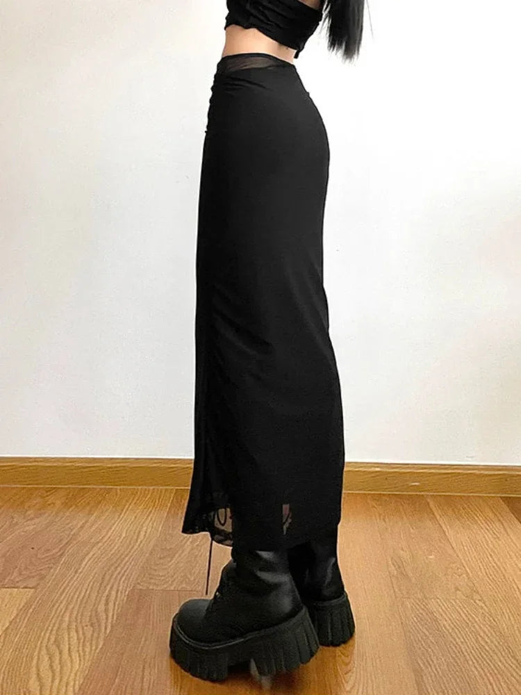 Y2k Slim Black Mesh Long Maxi Skirt