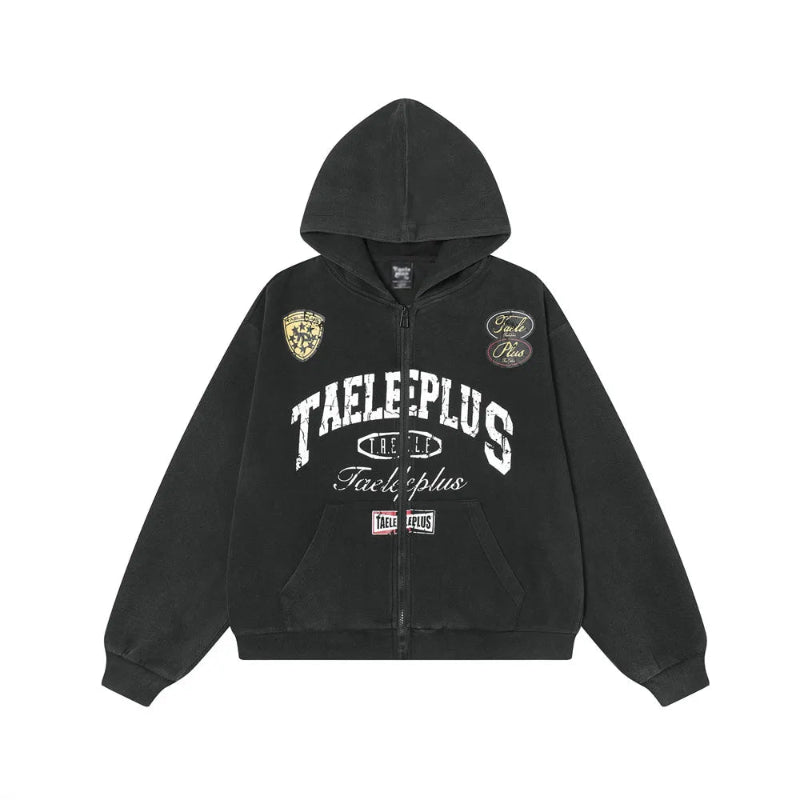 Y2k Washed Distressed Graphic Print Baggy Zip Up Hoodie