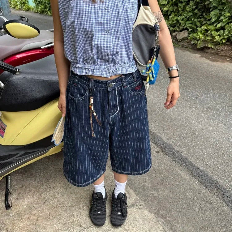 Y2k Womens Blue Pinstripe Long Jorts