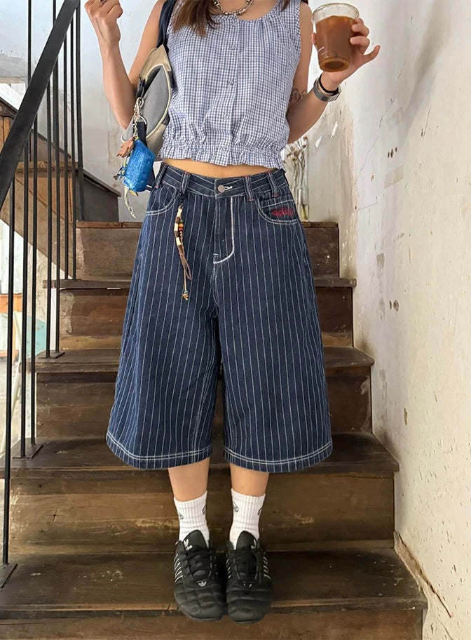 Y2k Womens Blue Pinstripe Long Jorts